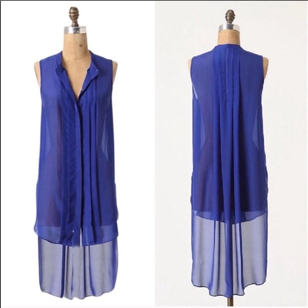 ANTHROPOLOGIE Leifnotes Klara Blue Sheer Silk High Low Button Tank Top Blouse 0